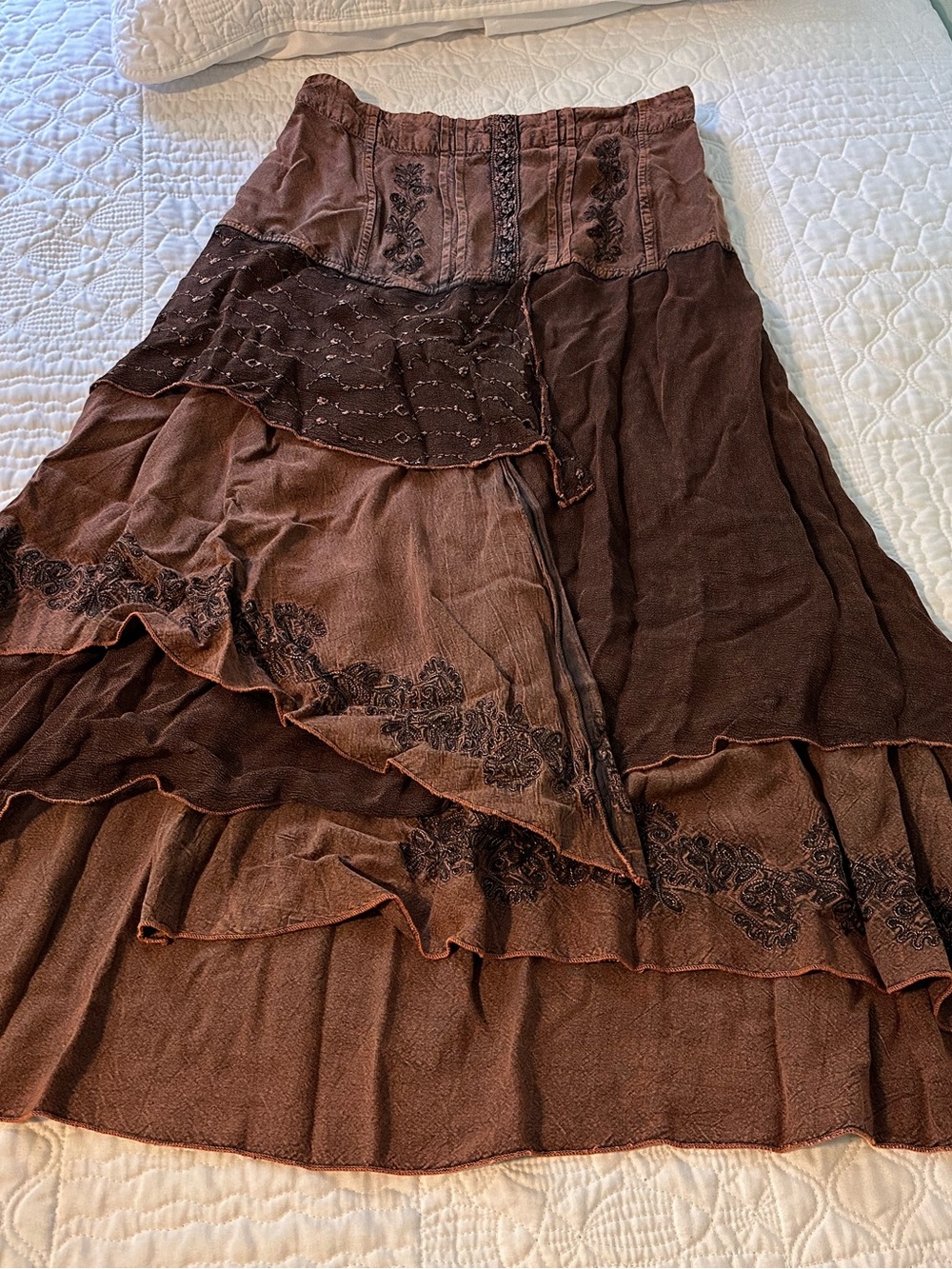 Boho Tiered Brown Maxi Skirt with Embroidered Detail